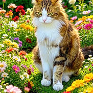 Bono a rejoint le concours — aidez-le/la à gagner de superbes lots ! animal, cat, closeup, colorful, feline, flora, flowers, fluffy, garden, greenery, nature, outdoor, pet, plants, sitting, spring, sunlight, tabby, vibrant, white_paws