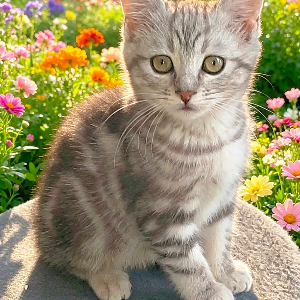 Arès participe au concours pour gagner de l'argent avec cette photo : kitten, cat, tabby, gray_cat, flower_garden, colorful_flowers, sunlight, outdoor, nature, pet, animal, cute, young_cat, sitting, fur, whiskers, greenery, soft_texture, daylight, curious
