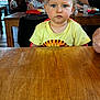 Mensïo a rejoint le concours — aidez-le/la à gagner de superbes lots ! toddler, child, yellow_shirt, table, wooden_table, restaurant, people, indoor, glasses, food, drink, seated, curious, face, person, background, light, hair, expression, casual