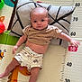 baby, infant, child, play_mat, pillow, tshirt, shorts, patterned_clothing, floor, measurement_scale, colorful, indoor, cute, lying_down, looking_at_camera, play_area, giraffe_design, orange_ball, green_ball, curious_expression
