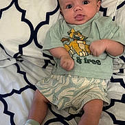 Alian is registered to the contest to win money with this photo: baby, child, infant, cute, smiling, clothing, socks, shirt, patterned_bedspread, bed, indoor, person, portrait, seated, young_child, happy, skin, face, legs, hands