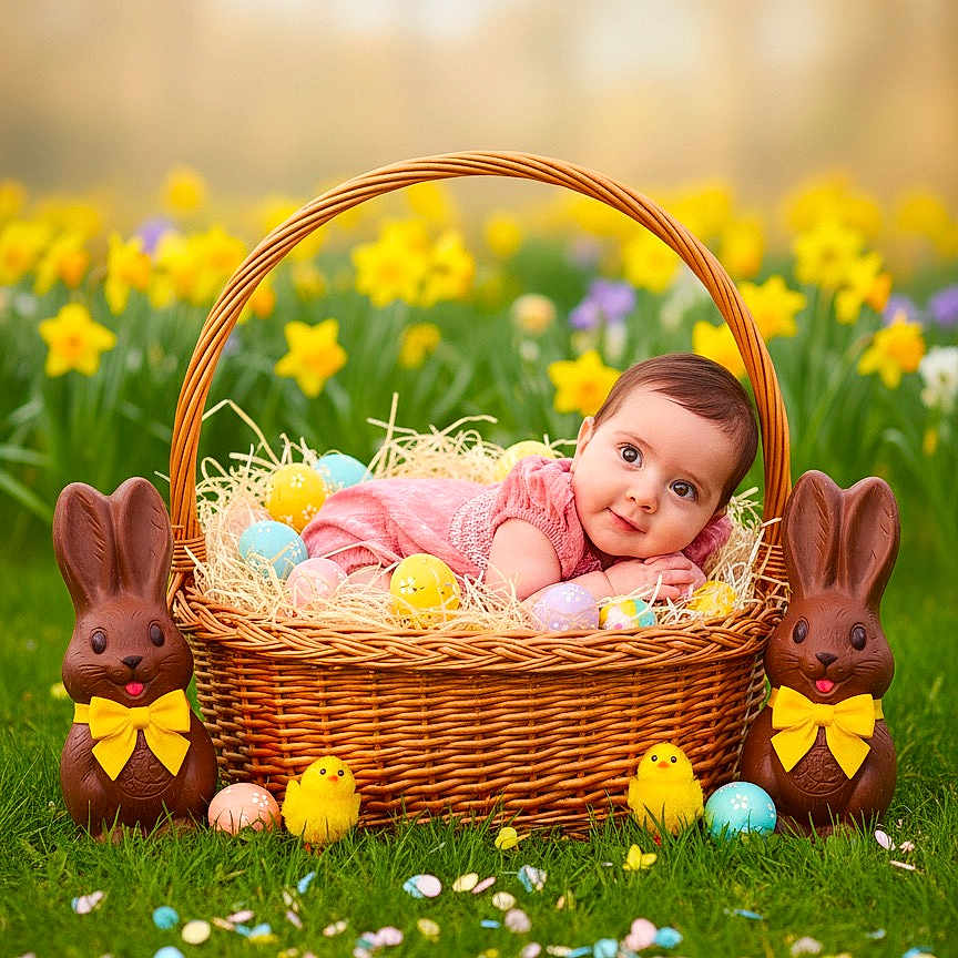 Harley joined the competition — help win amazing prizes! baby, basket, easter_eggs, chocolate_bunnies, daffodils, grass, spring, flowers, pink_clothing, cute, outdoor, nature, holiday, celebration, yellow_bows, greenery, infant, portrait, colorful, festive