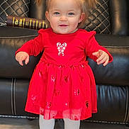 Abigail joined the competition — help win amazing prizes! bible, book, child, cute, floor, furniture, girl, happy, holiday_dress, home, indoor, innocent, leather_couch, pigtails, portrait, red_dress, smiling, standing, toddler, white_tights