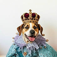Kiwi joined the competition — help win amazing prizes! dog, crown, costume, royal, portrait, smiling, pet, animal, clothing, fancy, blue, purple, lace, indoor, cute, happy, canine, dress, sitting, background