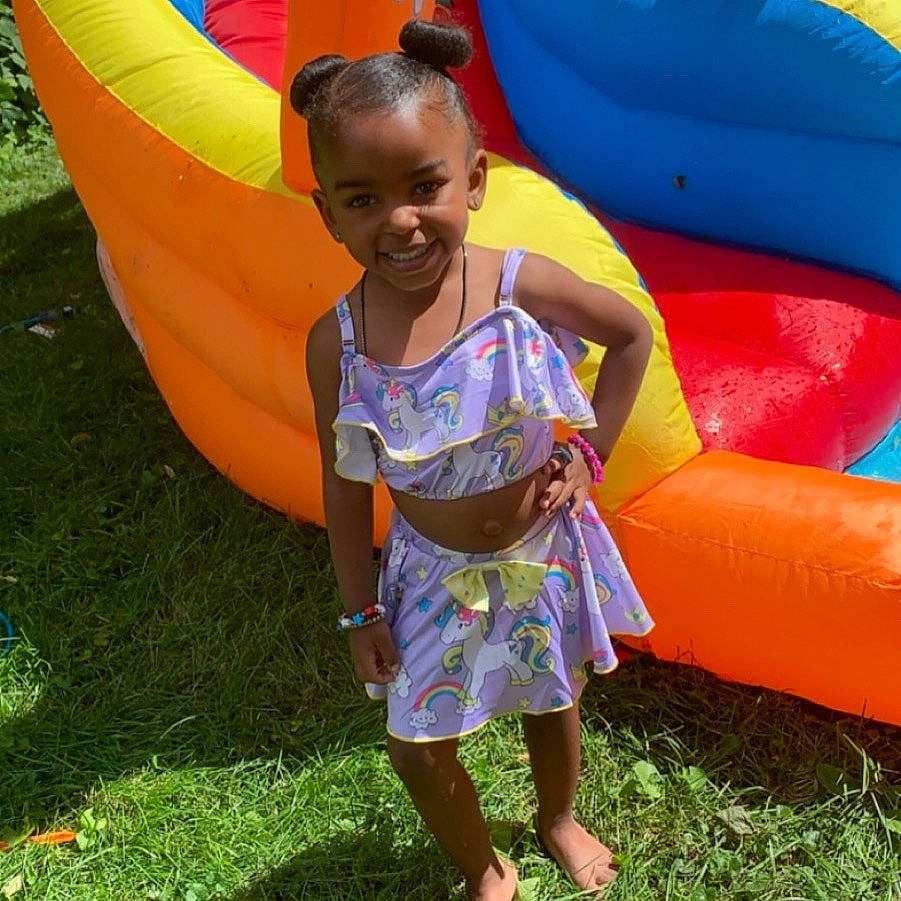 Mia joined the competition — help win amazing prizes! child, chute, fun, games, inflatable, joy, leisure, person, play, recreation, smile, summer, toddler, yellow