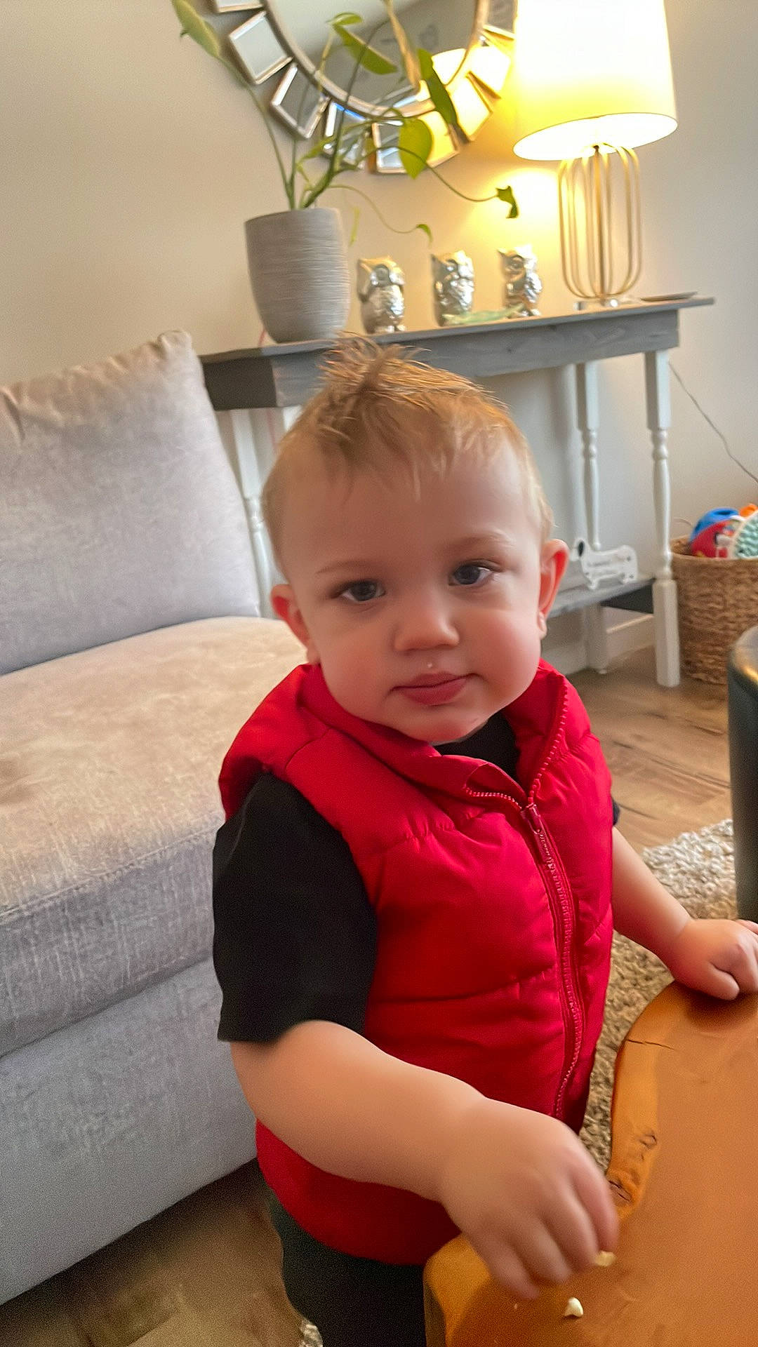 Kyng joined the competition — help win amazing prizes! baby, baby_toddler_clothing, blond, cheek, child, comfort, floor, flooring, hardwood, head, lamp, person, room, shoulder, sitting, skin, sleeve, standing, t_shirt, toddler