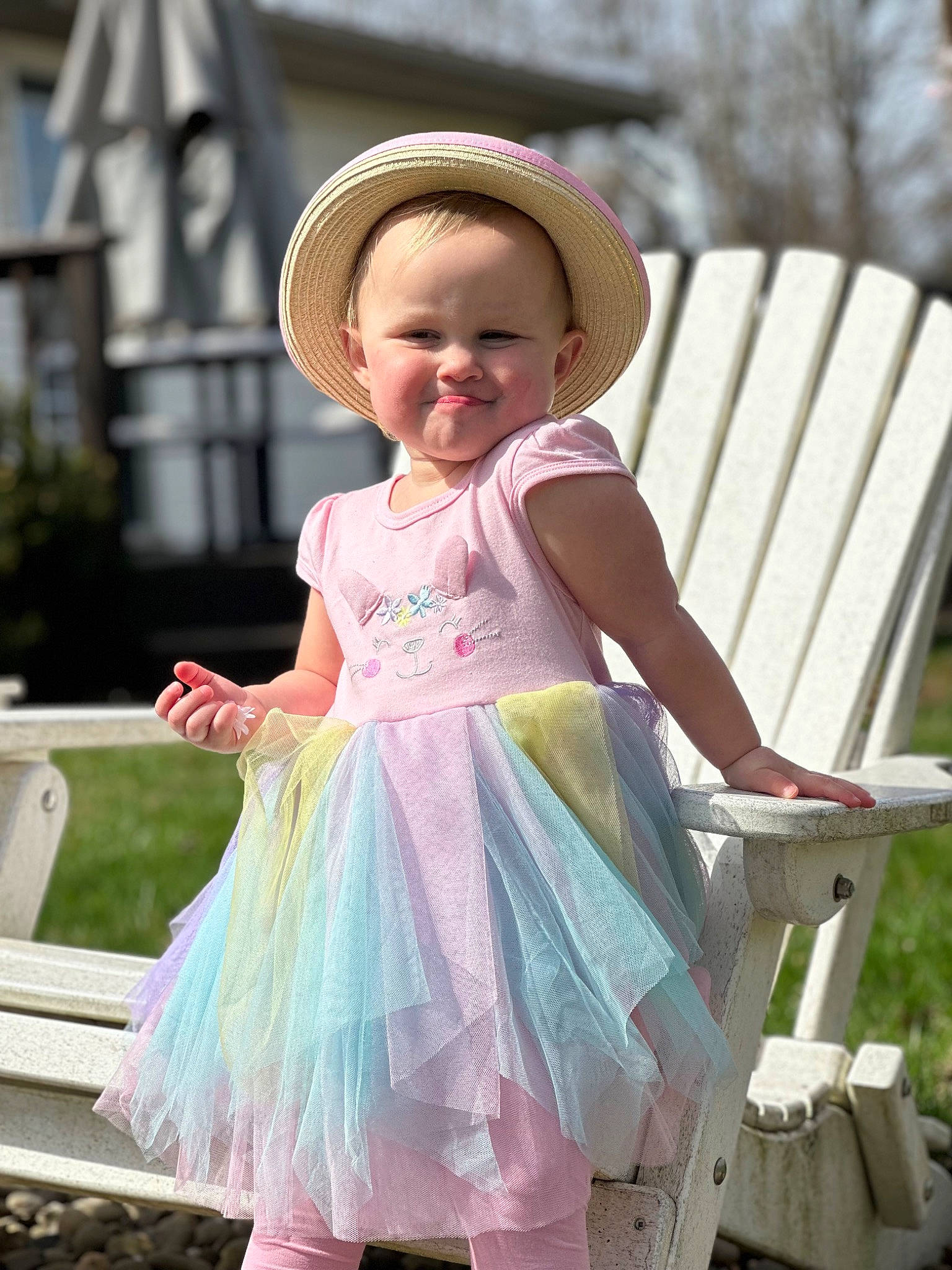 Alice joined the competition — help win amazing prizes! baby, baby_toddler_clothing, child, fashion_accessory, fun, grass, happy, hat, joy, leisure, magenta, pattern, person, photograph, pink, recreation, sitting, sleeve, smile, spring