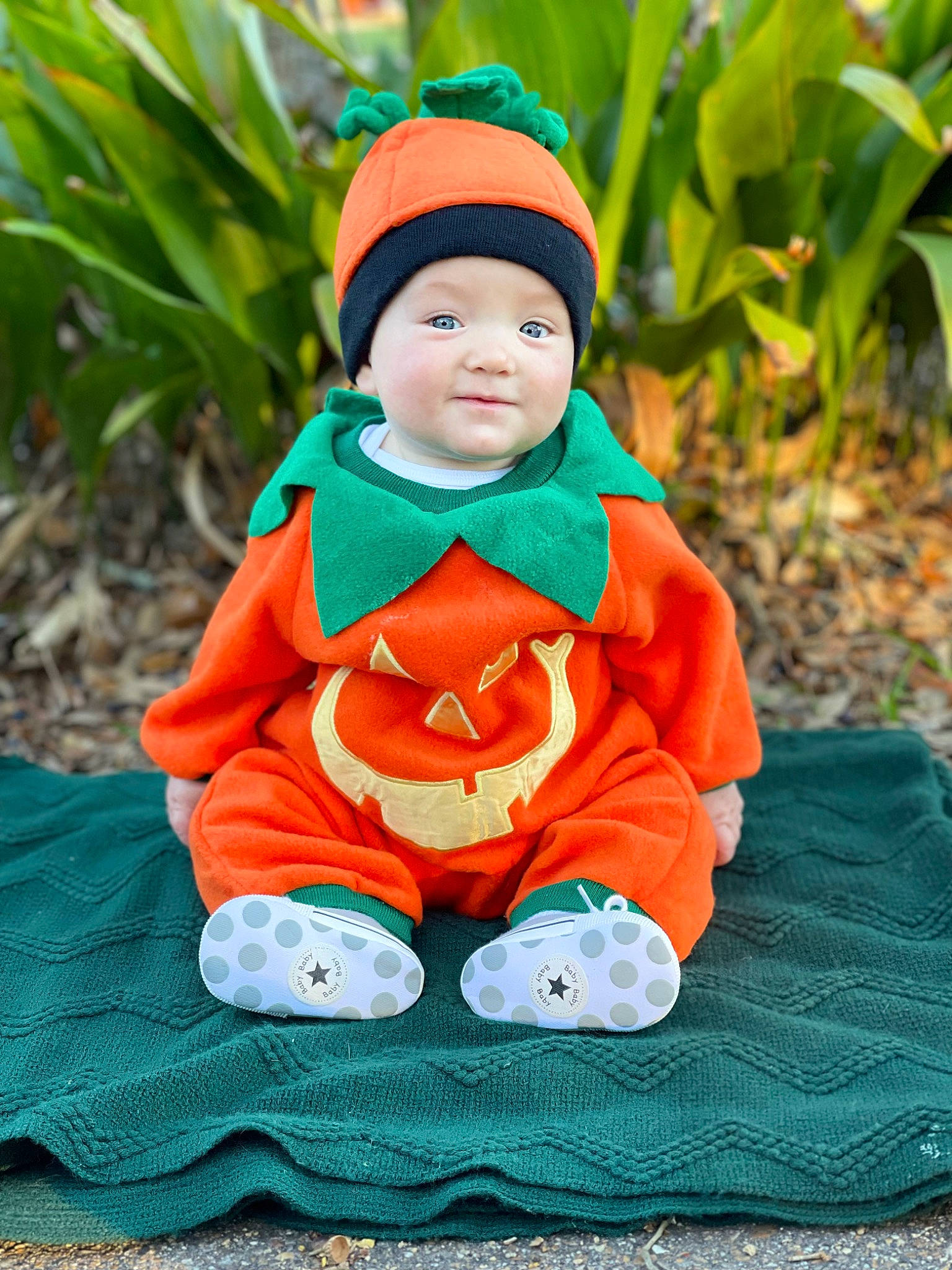 Kian is registered to the contest to win money with this photo: baby, baby_products, baby_toddler_clothing, cap, child, fictional_character, fun, grass, green, happy, headgear, headwear, jacket, leisure, people_in_nature, person, plant, sitting, stuffed_toy, textile