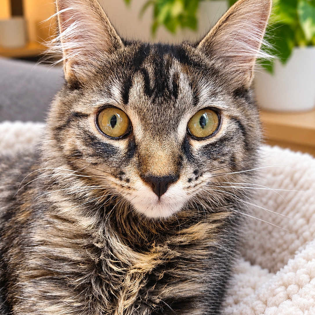 Nala a rejoint le concours — aidez-le/la à gagner de superbes lots ! cat, tabby_cat, pet, animal, feline, close_up, portrait, fluffy, fur, whiskers, golden_eyes, green_eyes, ears, nose, cozy, blanket, indoors, houseplant, home, centered_composition