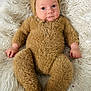 Lucas is registered to the contest to win money with this photo: baby, infant, child, bear_costume, fuzzy_onesie, plush_costume, furry_texture, white_rug, fluffy_blanket, portrait, lying_down, looking_at_camera, wide_eyes, chubby_cheeks, small_hands, tiny_feet, cozy, cute, button_details, neutral_expression