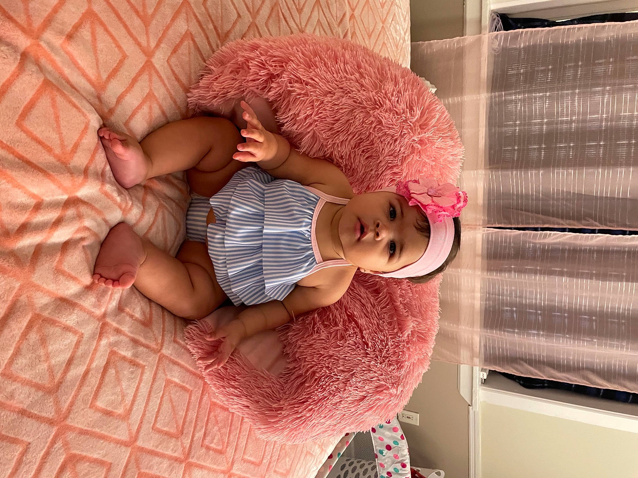 Adelina joined the competition — help win amazing prizes! abdomen, baby, baby_sleeping, bed, bedding, bedroom, child, comfort, flooring, headwear, human_leg, linens, magenta, pattern, person, pink, room, textile, thigh, toddler