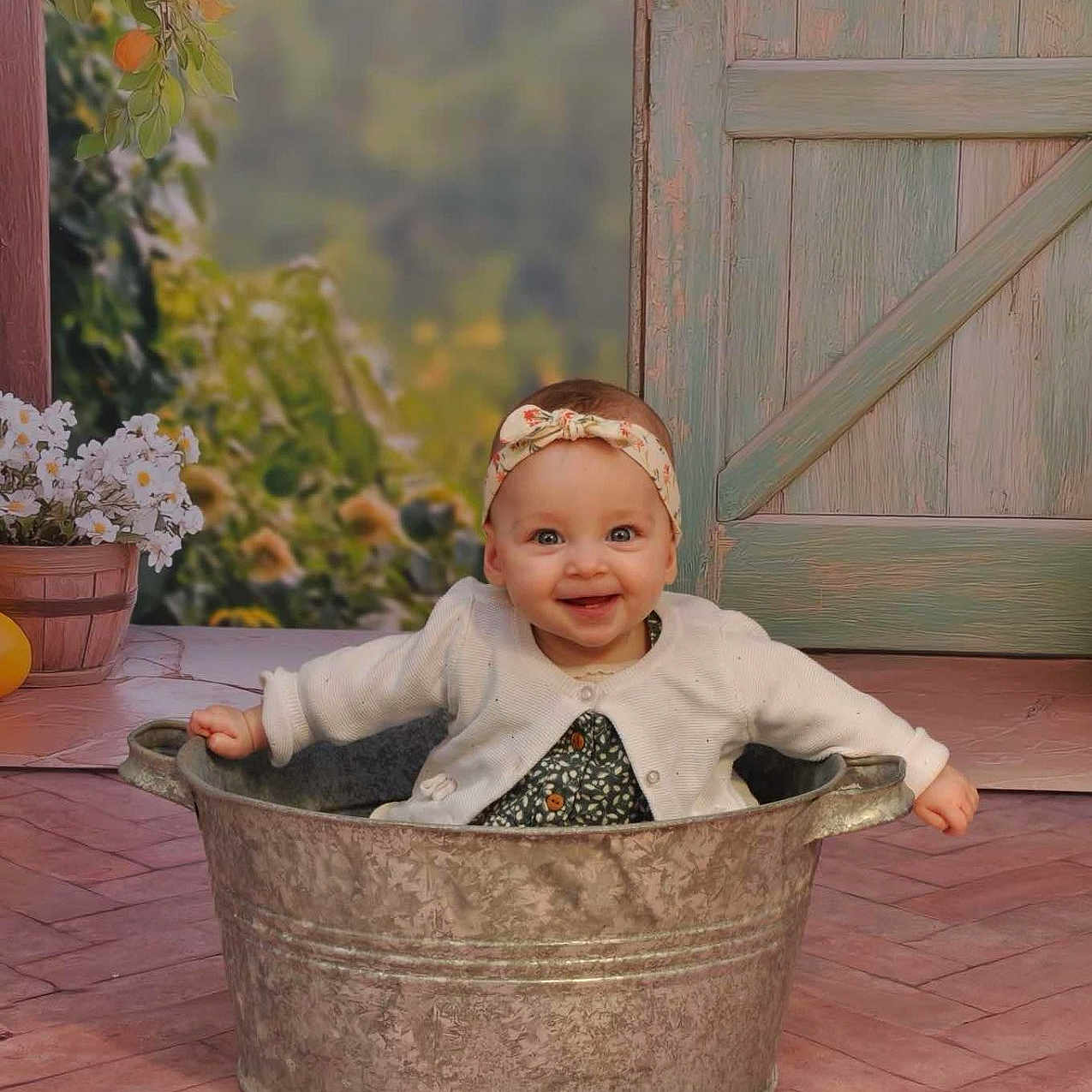 Livia a rejoint le concours — aidez-le/la à gagner de superbes lots ! baby, child, cute, floor_tiles, floral_dress, flowers, greenery, happy, headband, indoor, infant, metal_tub, person, playful, portrait, potted_plants, sitting, smiling, white_cardigan, wooden_door