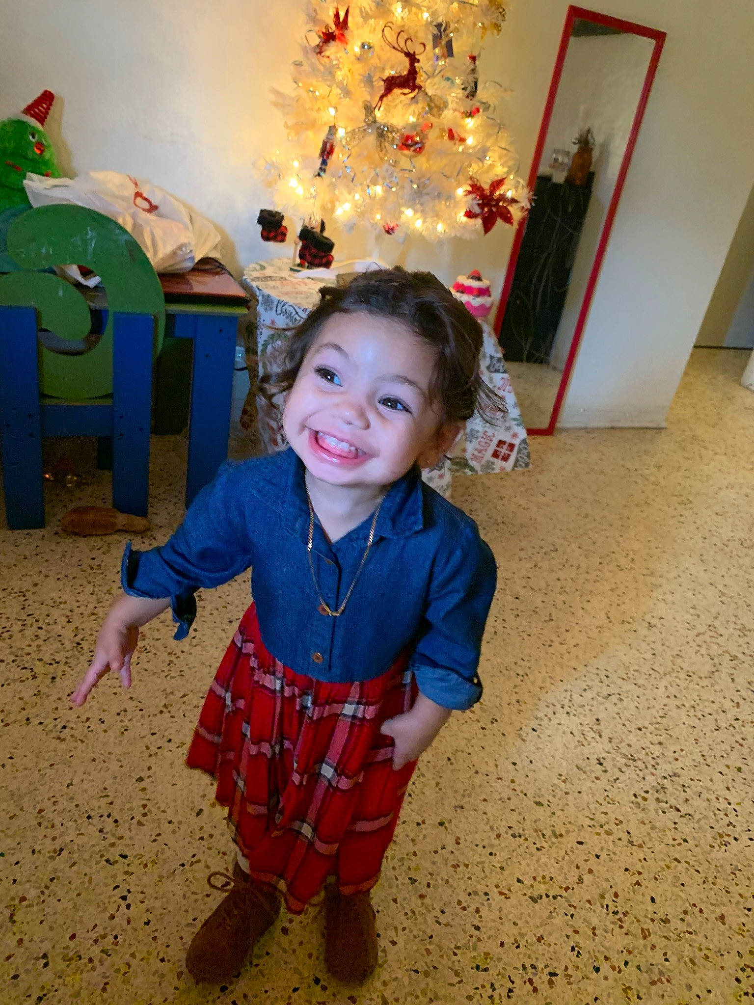 Luna Belle joined the competition — help win amazing prizes! child, christmas, fun, happy, joy, person, play, smile, standing, toddler