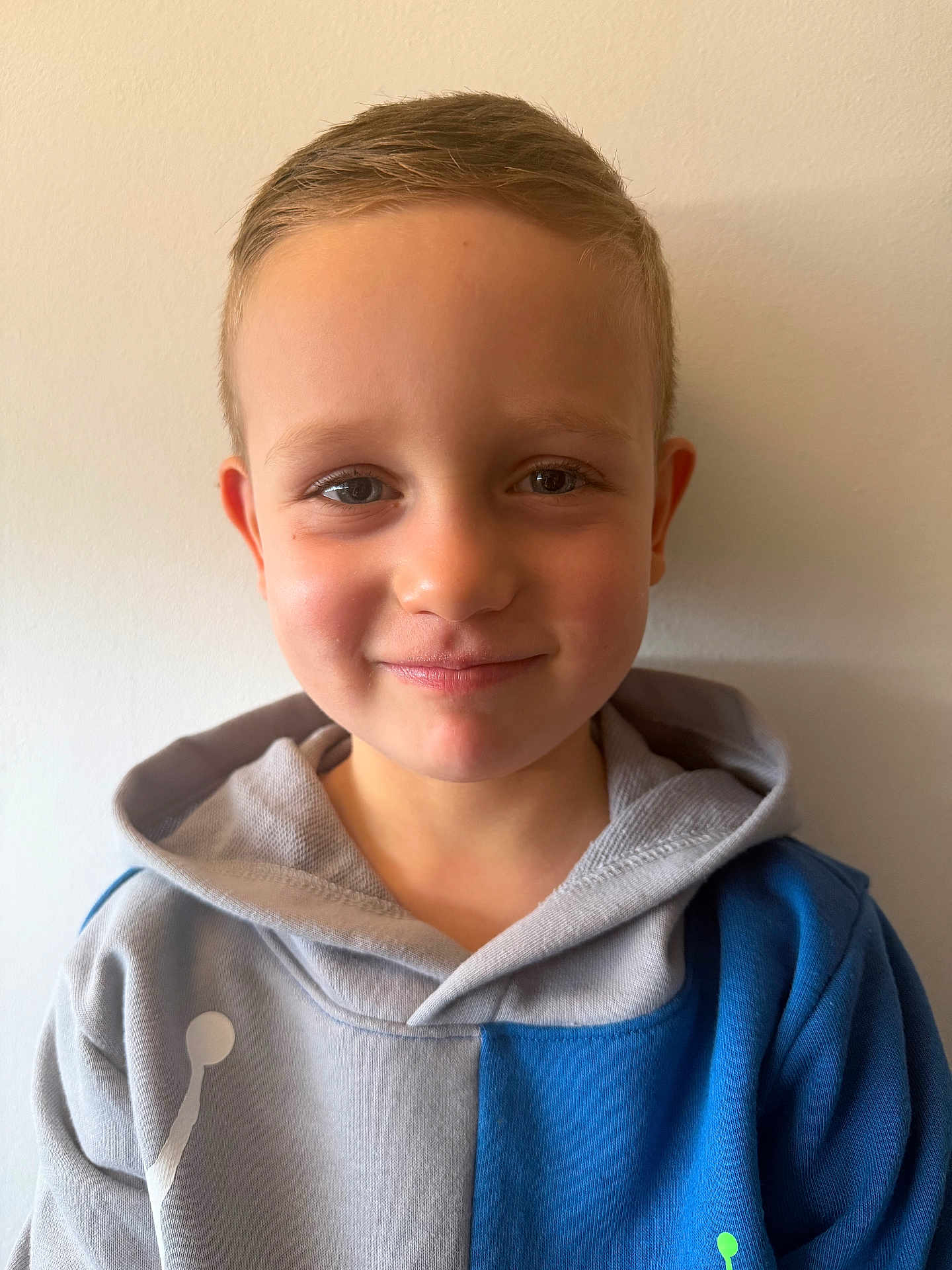 Mark participe au concours pour gagner de l'argent avec cette photo : child, boy, smile, hoodie, casual_clothing, portrait, indoor, light_skin, short_hair, happy, young, face, person, wall, closeup, cute, kid, friendly, casual, standing