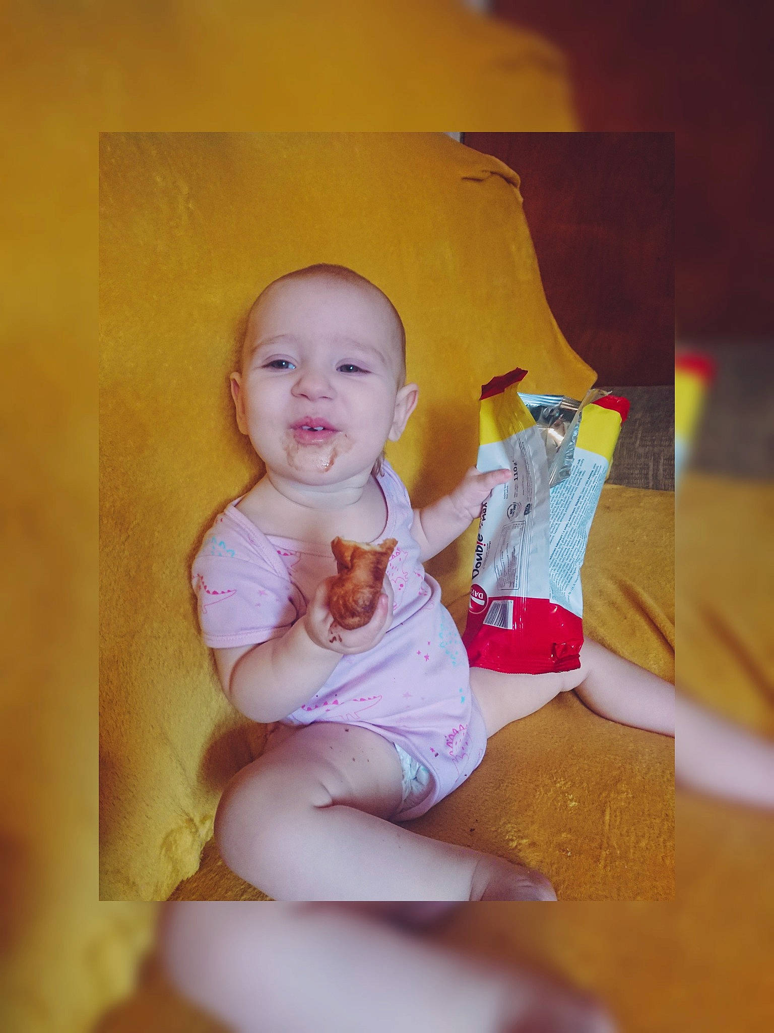 Rebecca is registered to the contest to win money with this photo: baby, baby_toddler_clothing, child, comfort, finger, foot, fun, happy, human_leg, knee, lap, leg, neck, person, pink, sitting, skin, thigh, toddler, trunk