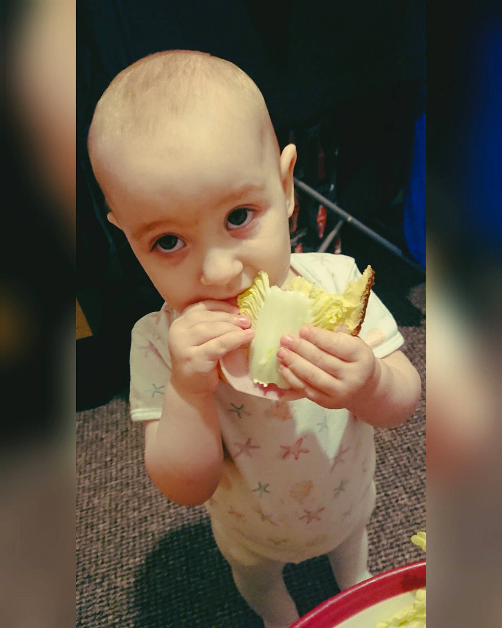 Rebecca is registered to the contest to win money with this photo: baby, breakfast, child, comfort_food, cuisine, eating, fast_food, finger_food, food, food_craving, junk_food, nail, person, play, side_dish, sitting, sweetness, tableware, thumb, toddler