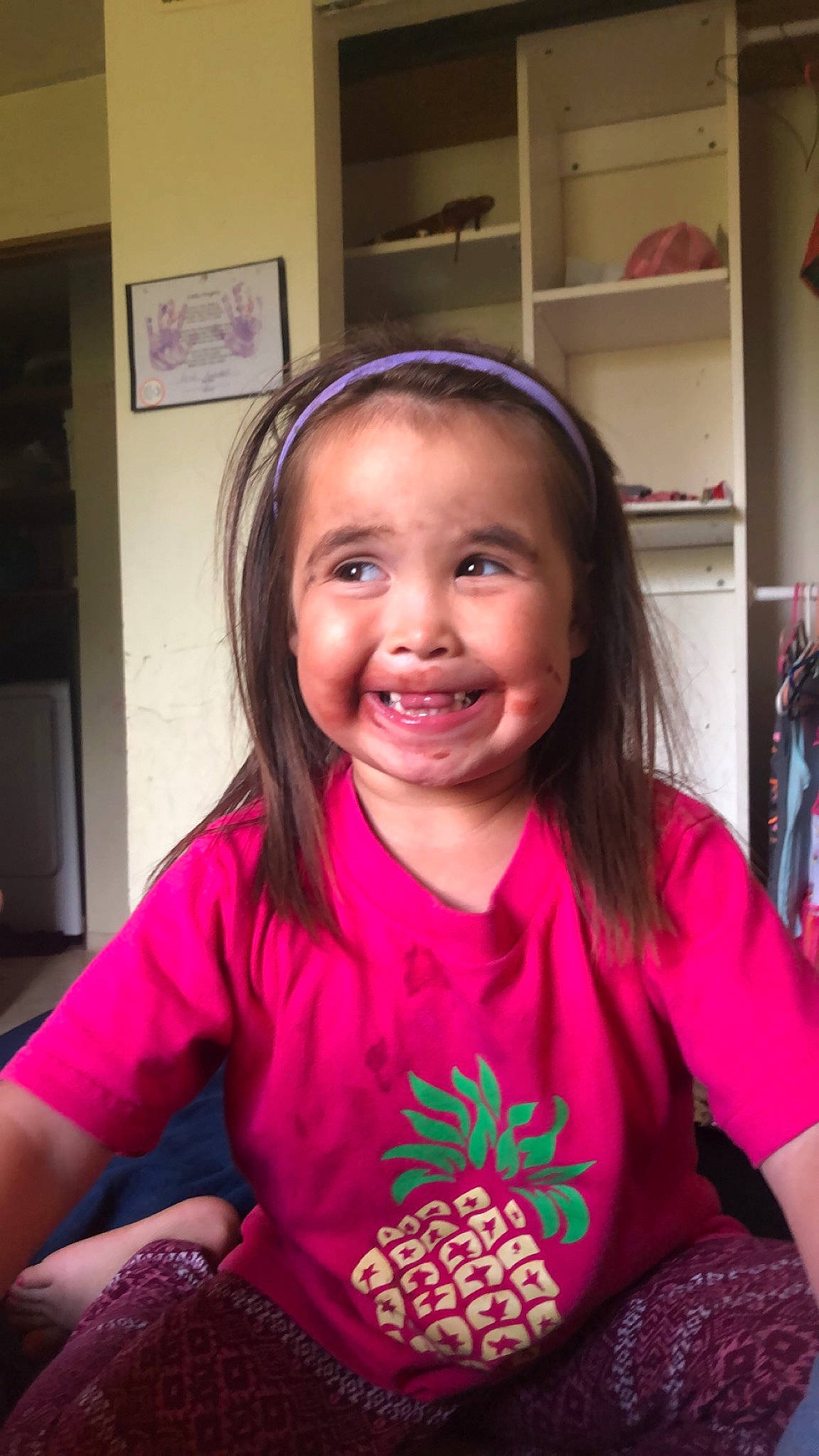 Constance is registered to the contest to win money with this photo: cheek, child, face, facial_expression, forehead, fun, happy, head, joy, laugh, magenta, organ, person, pink, skin, smile, toddler, tooth