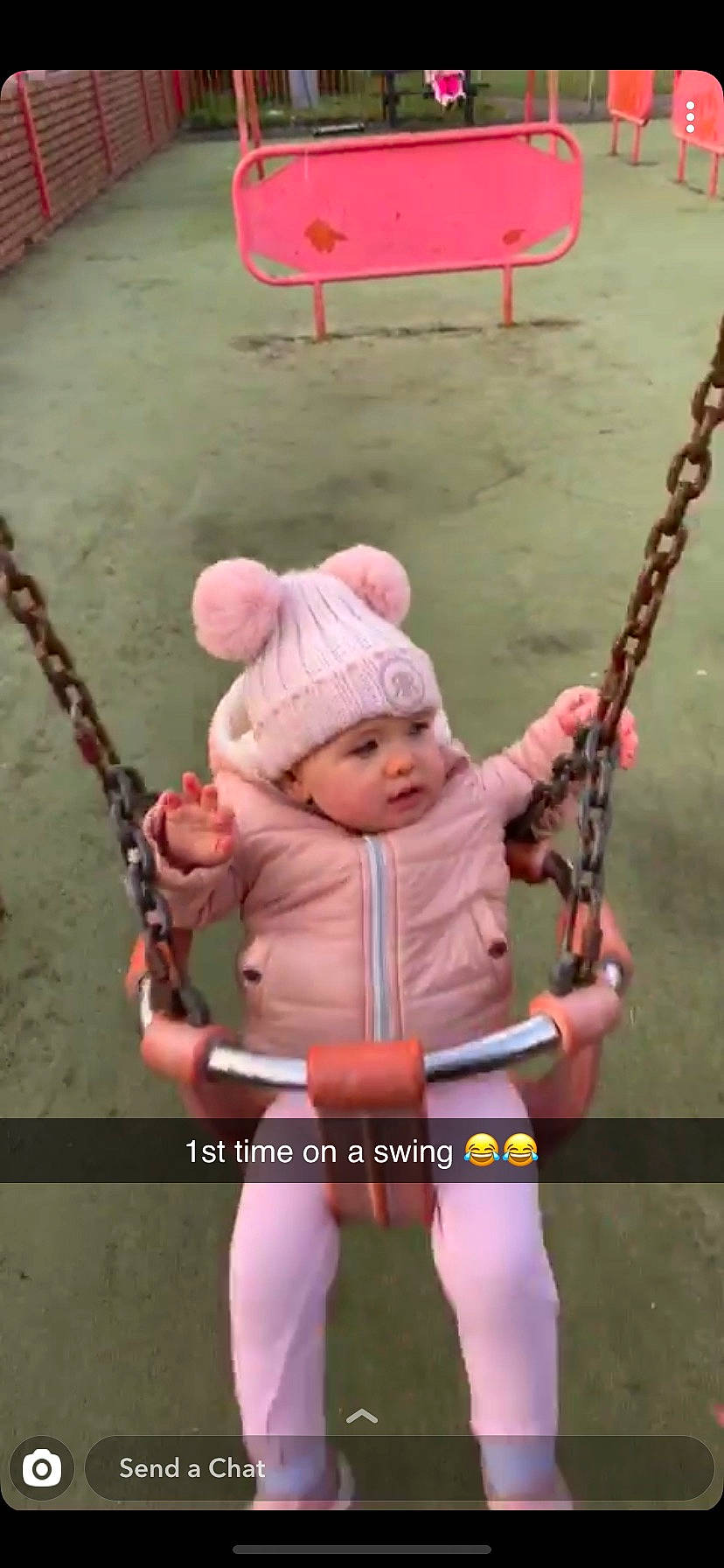 Alexia joined the competition — help win amazing prizes! child, headwear, outdoor_play_equipment, person, photo_caption, pink, swing, toddler