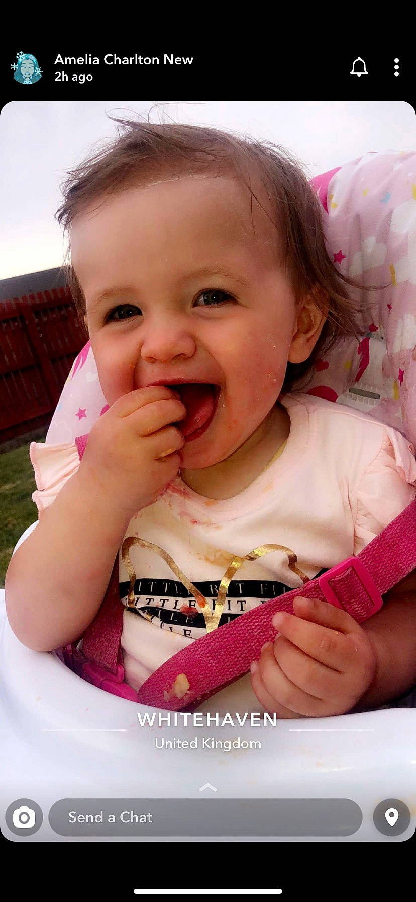 Alexia is registered to the contest to win money with this photo: baby, cheek, child, eating, facial_expression, finger, food, lip, mouth, nose, person, pink, skin, smile, sweetness, toddler