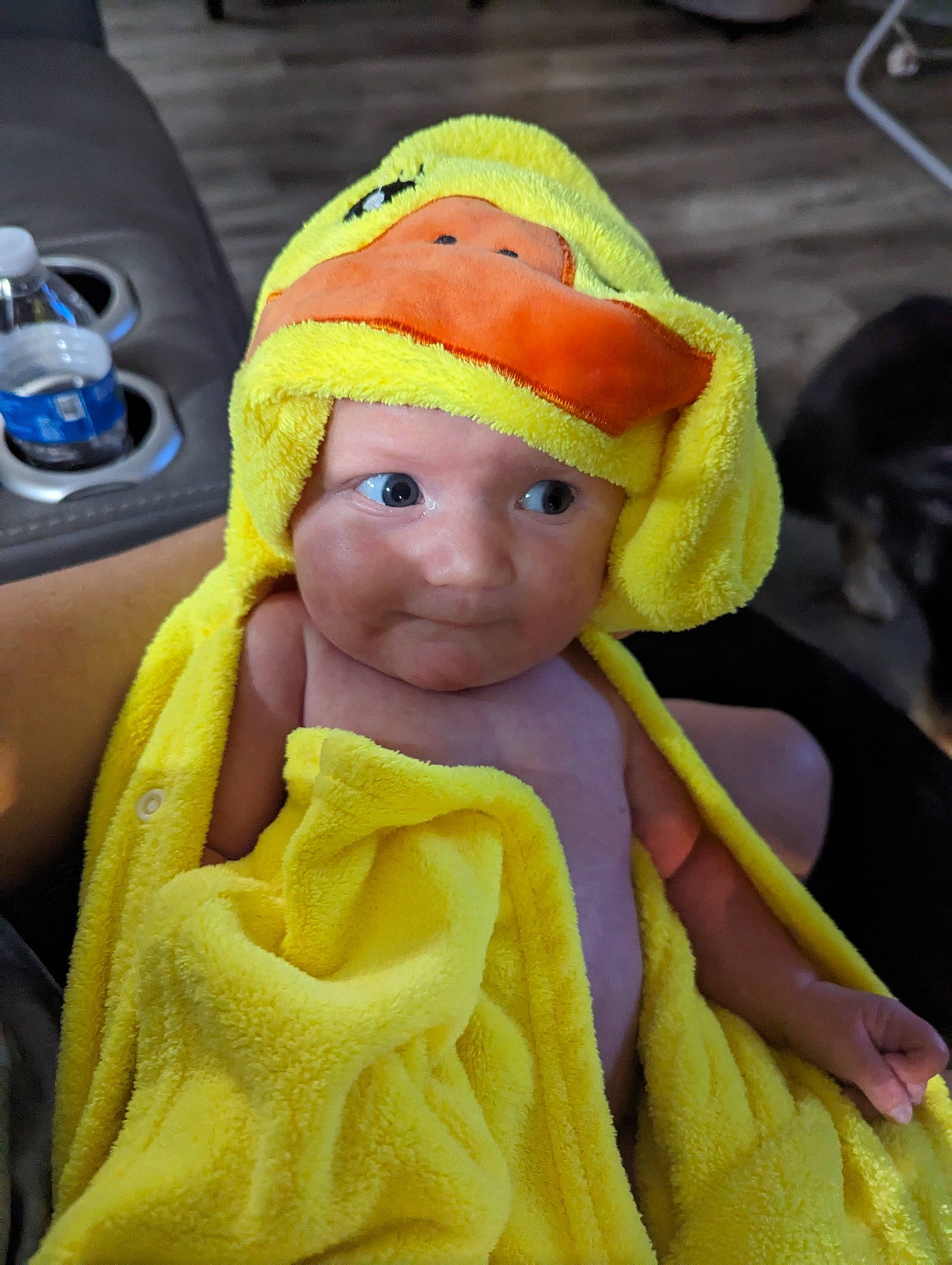 Charlie is registered to the contest to win money with this photo: baby, beanie, bonnet, cap, child, chin, costume, costume_hat, eye, fashion_accessory, fun, fur, headwear, hoodie, knit_cap, linens, person, personal_protective_equipment, plush, toddler