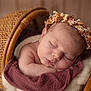 newborn, baby, sleeping, flower_crown, basket, woven, cozy, maroon_cloth, soft_texture, peaceful, portrait, infant, head, skin, rest, decor, dried_flowers, closeup, cute, warm_lighting