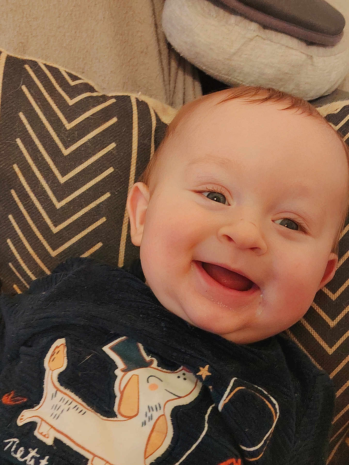 Jules a rejoint le concours — aidez-le/la à gagner de superbes lots ! baby, infant, smiling, happy, drooling, cute, face, eyes, cheeks, ear, hair, pillow, patterned_pillow, cushion, shirt, graphic_tshirt, dog_graphic, home_interior, portrait, close_up