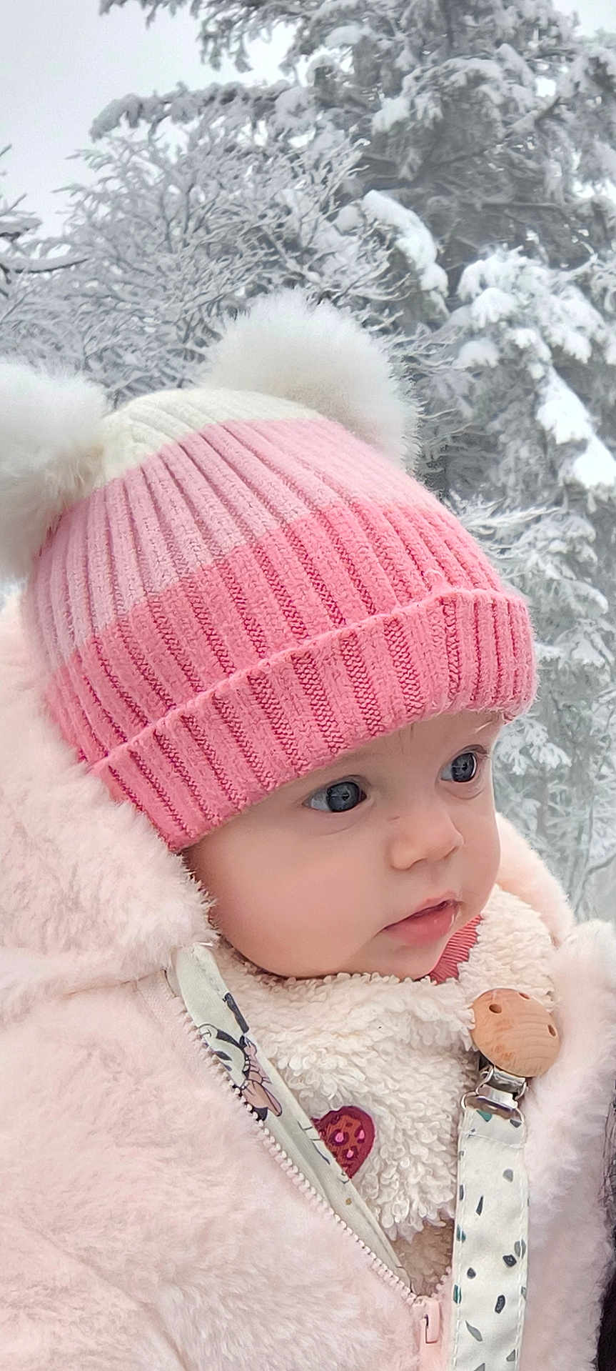 Emma participe au concours pour gagner de l'argent avec cette photo : baby, child, winter_clothing, knit_hat, pink_hat, pom_poms, snow, forest, outdoor, cold_weather, close_up, face, blue_eyes, jacket, zipper, pacifier_clip, fluffy, cute, portrait, seasonal