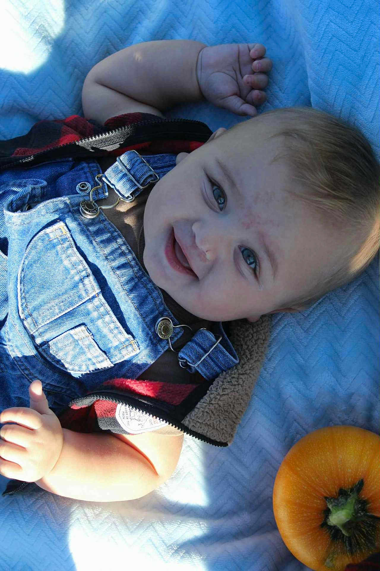 Charles is registered to the contest to win money with this photo: baby, child, denim_overalls, plaid_jacket, smiling, blue_blanket, pumpkin, infant, face, skin, hand, light, shadow, outdoor, happy, cute, portrait, clothing, person, head
