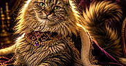 Samson is registered to the contest to win money with this photo: cat, crown, purple_velvet, royal_cape, luxury, regal, fluffy, green_eyes, golden, ornate, throne, indoor, portrait, feline, majestic, lighting, decor, furniture, animal, pet