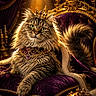 cat, crown, purple_velvet, royal_cape, luxury, regal, fluffy, green_eyes, golden, ornate, throne, indoor, portrait, feline, majestic, lighting, decor, furniture, animal, pet
