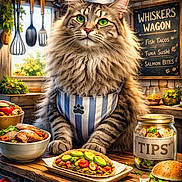 Samson joined the competition — help win amazing prizes! cat, chef_hat, apron, food, taco, burger, fish, kitchen, wooden_counter, tip_jar, chalkboard_menu, green_eyes, fluffy_fur, utensils, window, plants, light, restaurant, cooking, pet