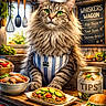 cat, chef_hat, apron, food, taco, burger, fish, kitchen, wooden_counter, tip_jar, chalkboard_menu, green_eyes, fluffy_fur, utensils, window, plants, light, restaurant, cooking, pet
