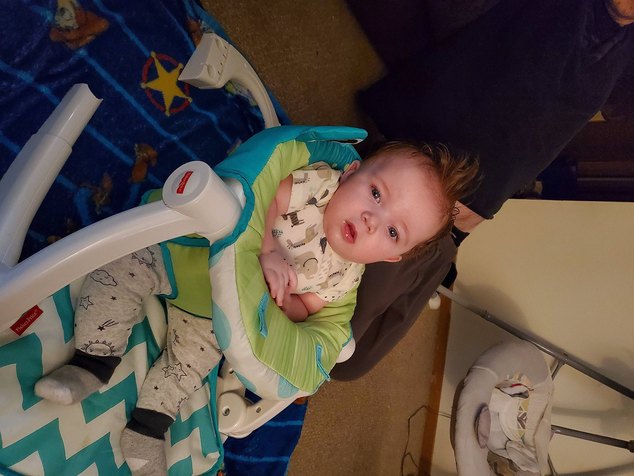 Dakota joined the competition — help win amazing prizes! baby, baby_products, baby_safety, baby_toddler_clothing, blue, cheek, child, comfort, eye, facial_expression, finger, fun, happy, mouth, pattern, person, product, room, sitting, skin