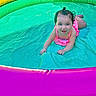 Kali is registered to the contest to win money with this photo: baby, child, smiling, swimsuit, inflatable_pool, water, summer, play, outdoor, colorful, pink, yellow, green, purple, happy, cute, splash, fun, person, toddler