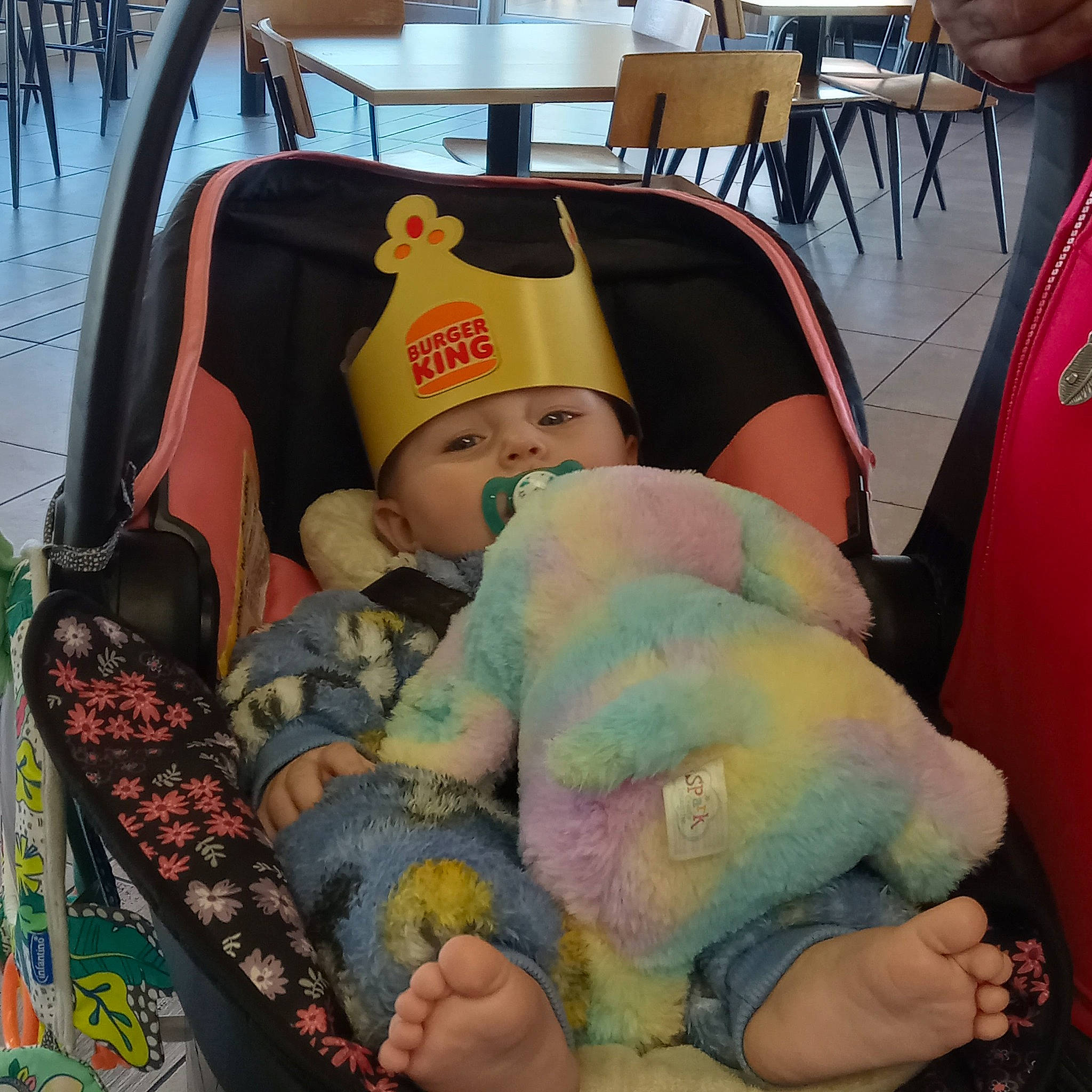 Bella is registered to the contest to win money with this photo: baby, baby_carriage, baby_products, car_seat, chair, child, comfort, finger, fun, hat, headwear, lap, leisure, nap, person, room, service, sitting, sleep, stuffed_toy