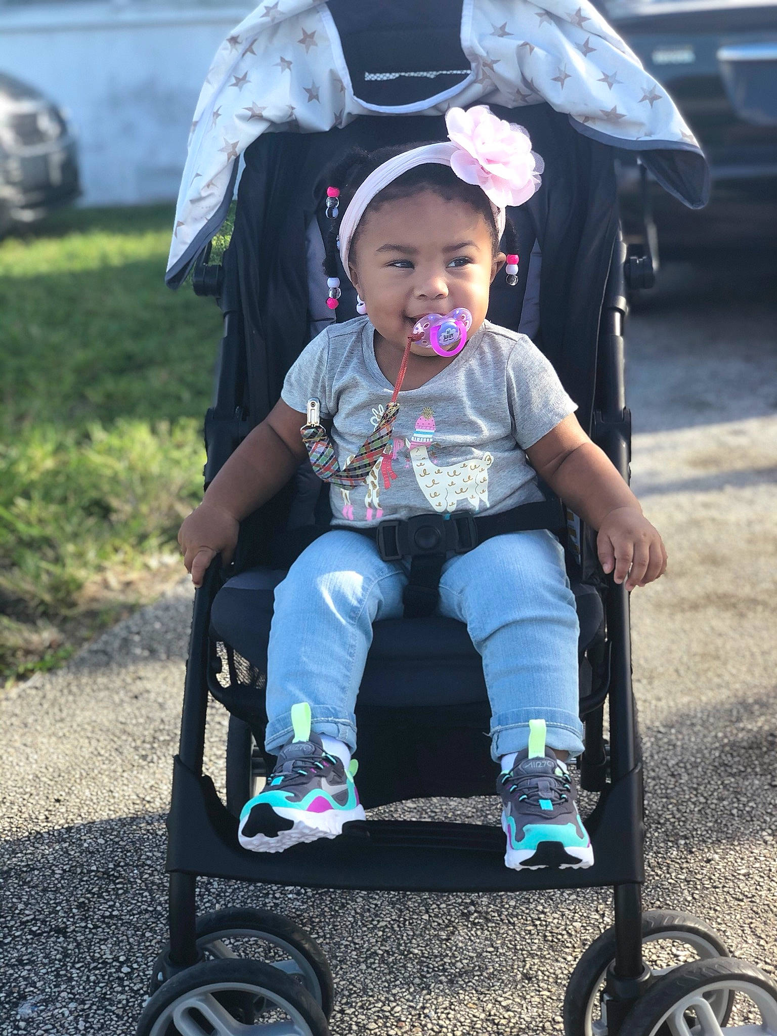 Chloe is registered to the contest to win money with this photo: automotive_wheel_system, baby_carriage, baby_products, child, daughter, fun, joy, person, pink, plant, product, smile, toddler, vehicle, wheel