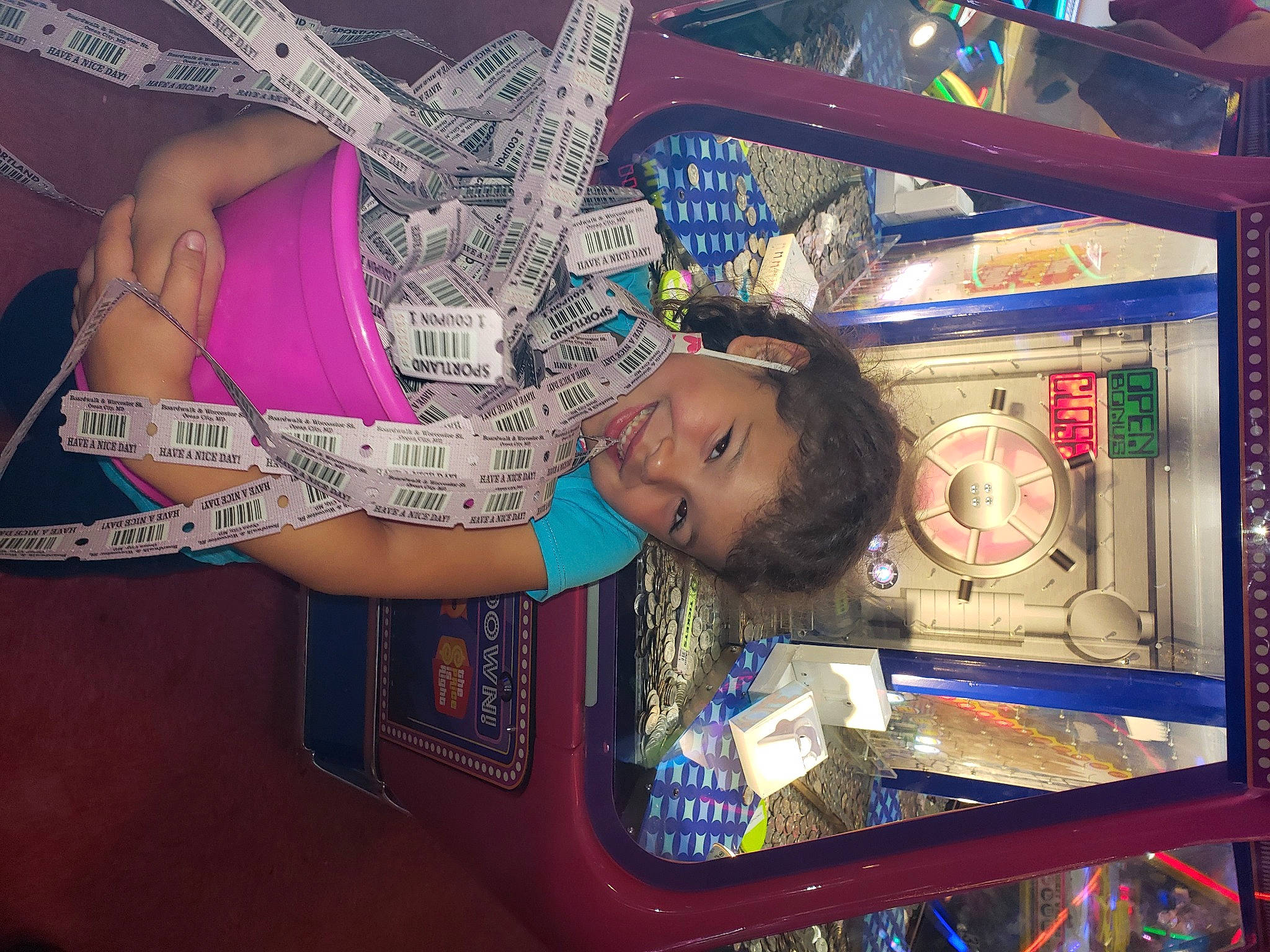 Audrianna joined the competition — help win amazing prizes! child, fashion_accessory, fun, happy, human_leg, jewellery, joy, leisure, machine, magenta, pattern, person, play, room, smile, t_shirt, thigh, toddler, visual_arts