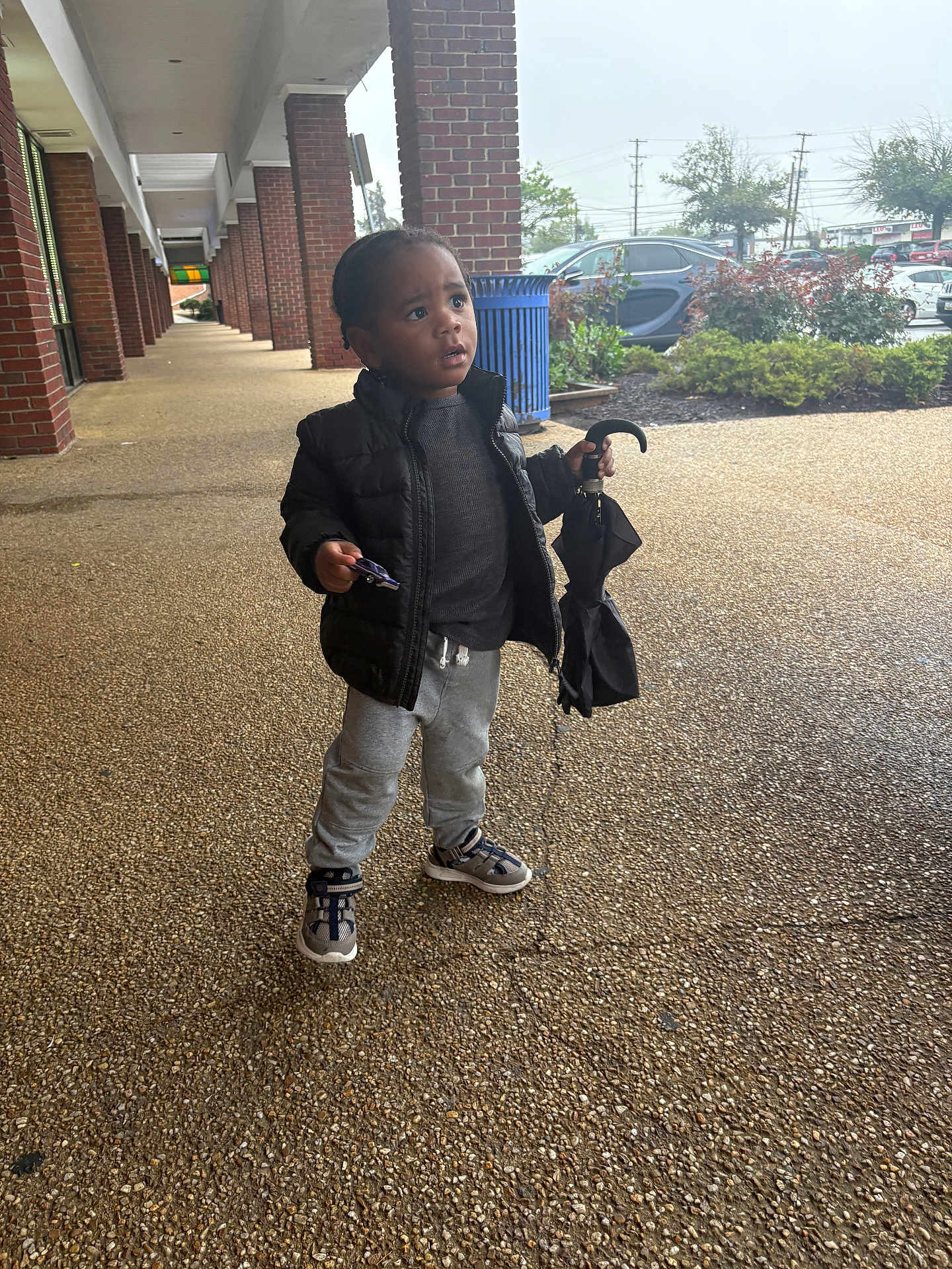 Nolan is registered to the contest to win money with this photo: toddler, child, umbrella, toy_car, outdoor, sidewalk, brick_pillars, jacket, sneakers, curious, person, urban, daytime, plants, parking_lot, expression, young_child, casual_clothing, pavement, small_object