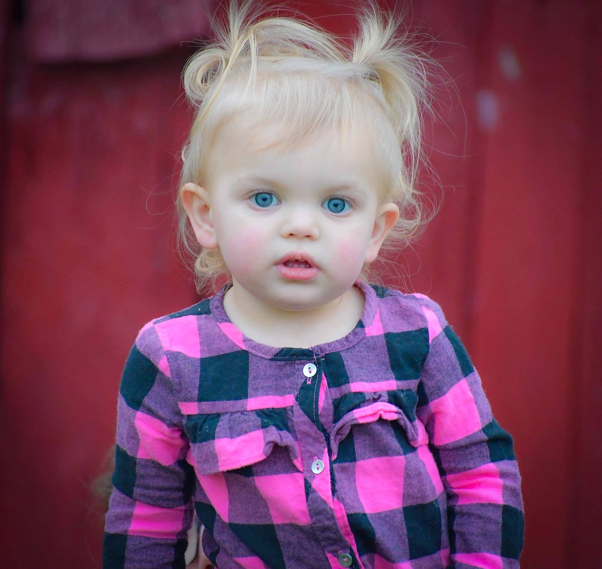 Alaina is registered to the contest to win money with this photo: baby, baby_toddler_clothing, cheek, child, chin, electric_blue, eye, eyelash, flash_photography, iris, lip, magenta, nose, person, pink, plaid, purple, skin, sleeve, toddler
