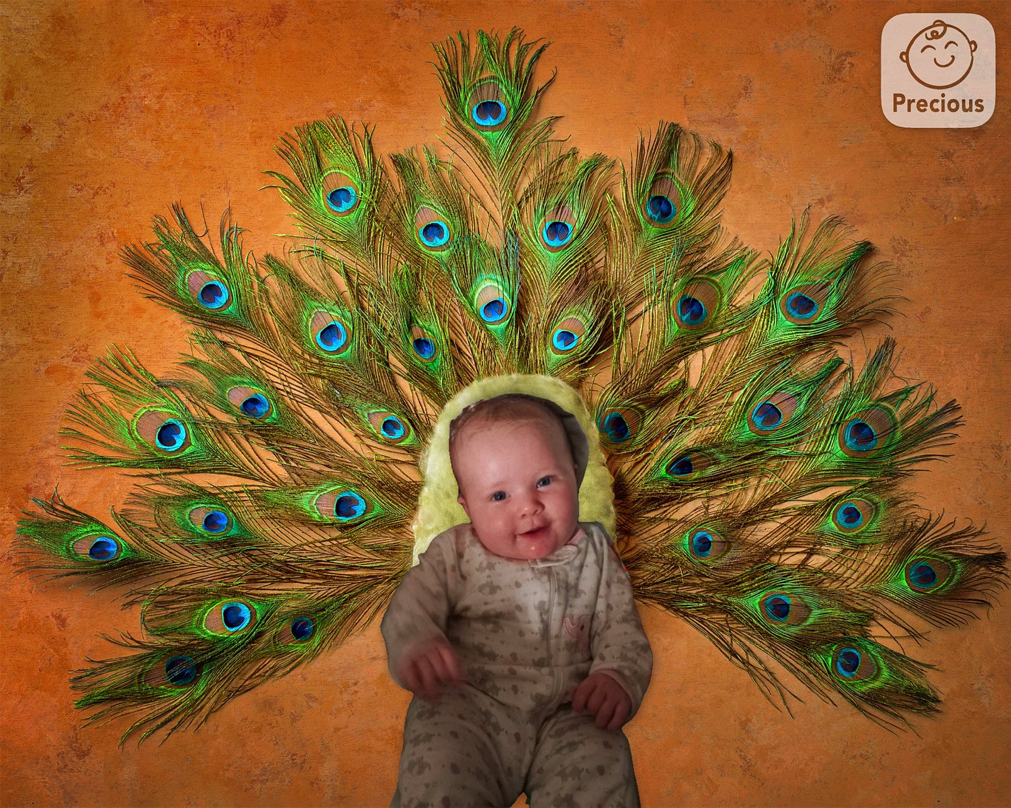 Montana is registered to the contest to win money with this photo: art, circle, electric_blue, event, eye, fashion_accessory, feather, flooring, fun, galliformes, grass, head, holiday, natural_material, peafowl, person, phasianidae, smile, toddler, tree