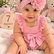 Emely joined the competition — help win amazing prizes! baby, infant, child, smiling, portrait, pink, flower_headband, ruffled_dress, bow, sitting, indoors, teddy_bear, flowers, milestone_sign, seven_months, nursery, blanket, soft_lighting, happy, photography