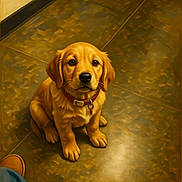 Maggy is registered to the contest to win money with this photo: puppy, dog, golden_retriever, floor, tile, collar, pet, indoor, looking_up, brown, adorable, animal, young, sitting, cute, waiting, human_presence, boots, jeans, warm_lighting