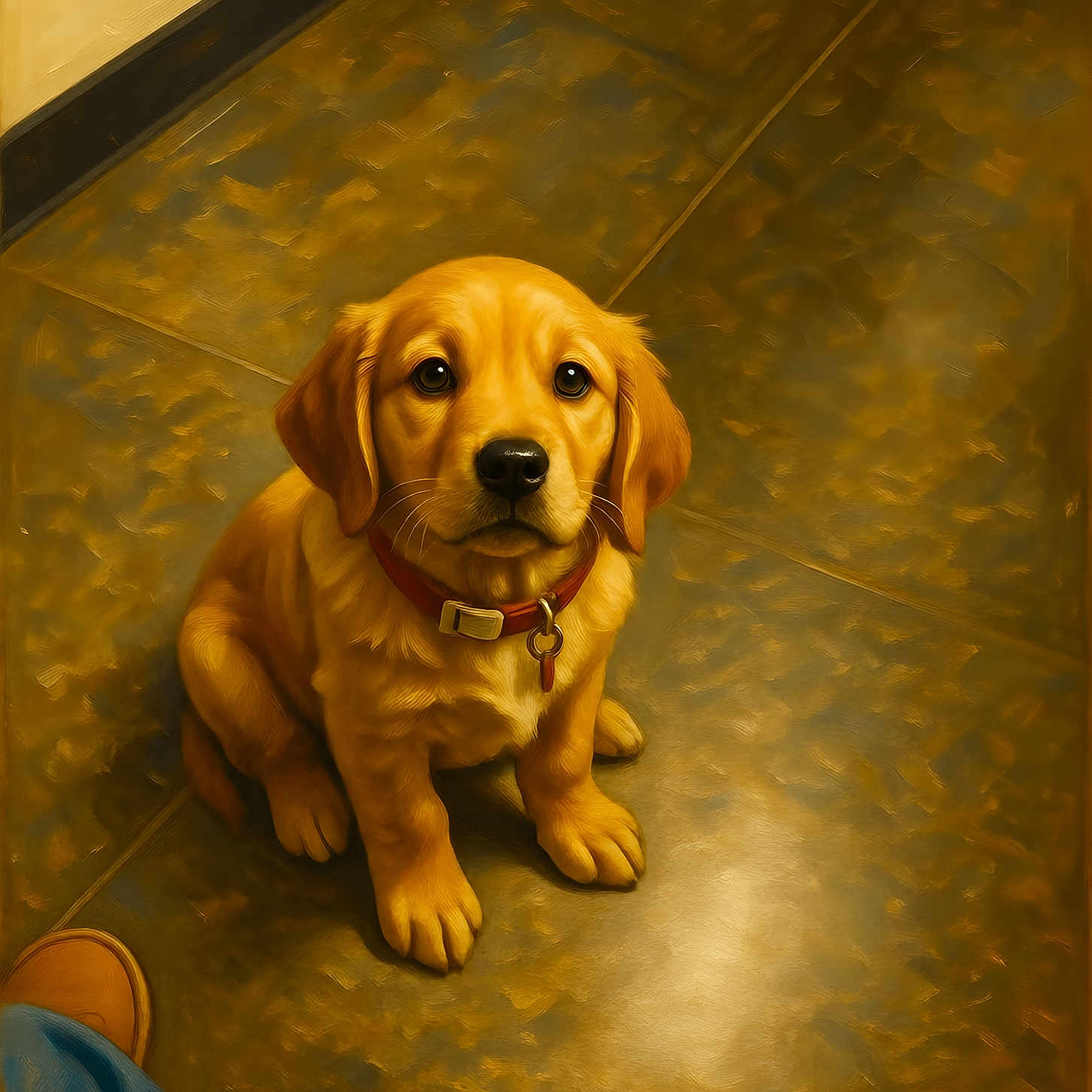 Maggy is registered to the contest to win money with this photo: puppy, dog, golden_retriever, floor, tile, collar, pet, indoor, looking_up, brown, adorable, animal, young, sitting, cute, waiting, human_presence, boots, jeans, warm_lighting