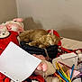 cat, sleeping, purse, plush_toy, markers, papers, bed, blanket, orange_cat, stuffed_animal, stationery, colorful, indoor, resting, cozy, clutter, soft_toys, relaxed, pink, black_purse