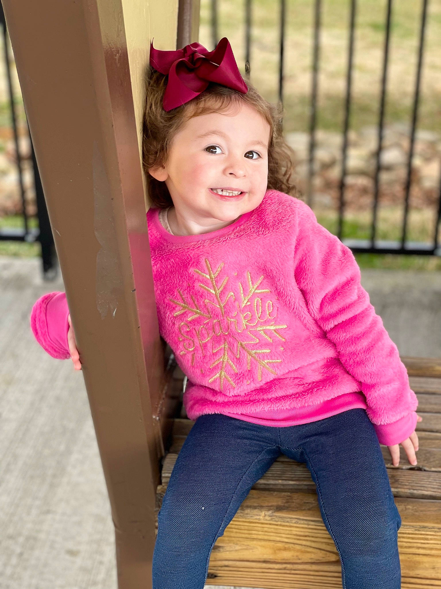 Ella joined the competition — help win amazing prizes! clothing, eye, face, grass, hair, happy, head, jeans, joy, leg, leisure, lip, magenta, neck, outerwear, person, pink, shoulder, skin, sleeve