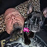 adult_male, beard, bed, black_dog, close_up, collar, couch, dog, french_bulldog, graphic_tshirt, indoor, leopard_print_pillow, man, pet, pet_tag, pillow, puppy, raven_design, selfie, septum_piercing
