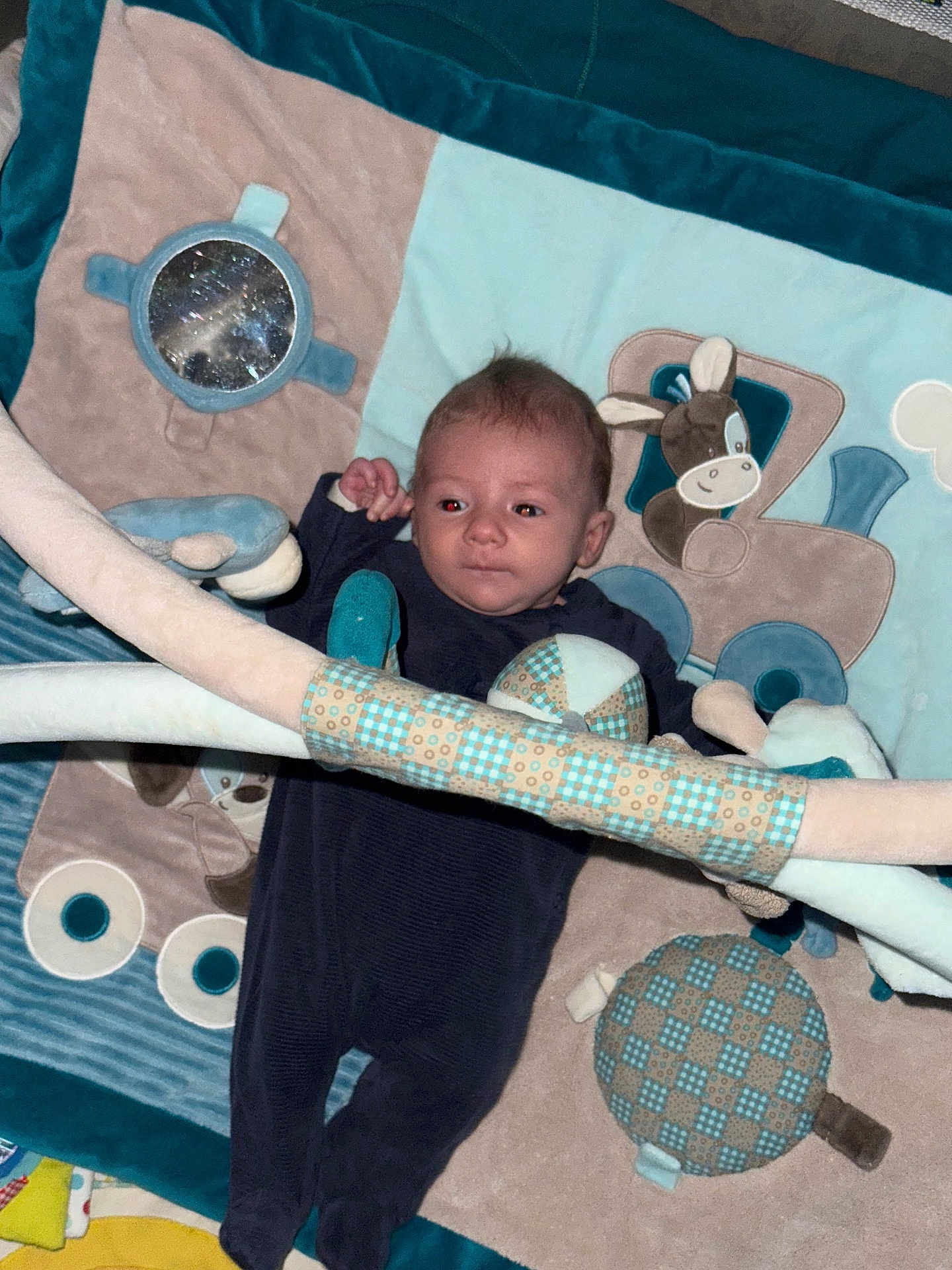 Damian a rejoint le concours — aidez-le/la à gagner de superbes lots ! baby, infant, play_mat, soft_toys, plush, child, blue, beige, toy_arch, clothing, lying_down, face, head, person, cute, indoor, floor, comfort, baby_gym, infant_play