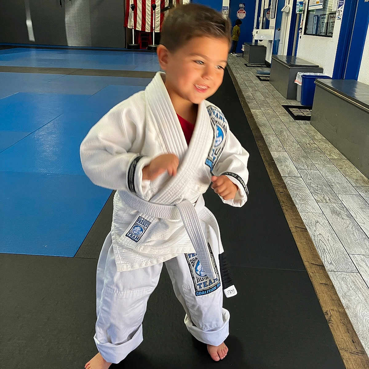 Benjamin is registered to the contest to win money with this photo: boy, child, clothing, computerhardware, costume, electronics, face, flag, hardware, head, judo, karate, kicking, male, martialarts, monitor, pants, person, screen, sport