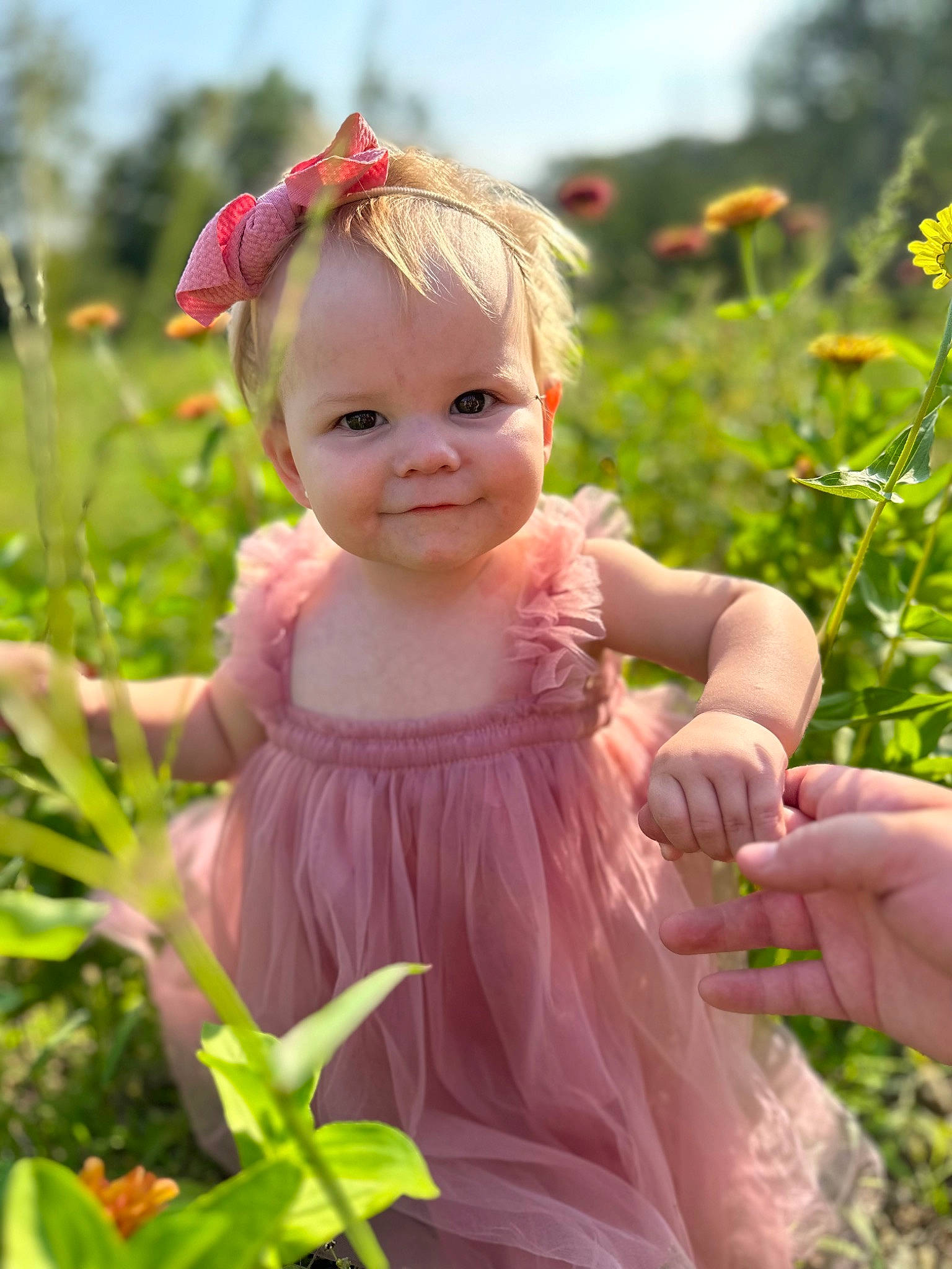 Geneva is registered to the contest to win money with this photo: baby, baby_toddler_clothing, botany, dress, flower, grass, hand, happy, iris, leaf, people_in_nature, person, petal, pink, plant, skin, sky, smile, summer, sunlight
