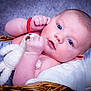 baby, infant, blue_eyes, wicker_basket, stuffed_animal, plush_toy, red_bracelet, skin, closeup, portrait, soft_texture, blanket, cute, child, newborn, resting, indoors, cozy, expression, toddler